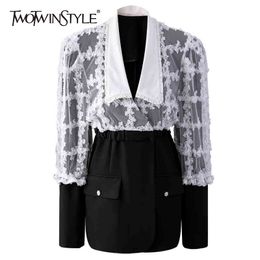 Casual Patchwork Lace Blazer For Women Peter Pan Collar Long Sleeve Hit Color Loose Blazers Females Spring 210524