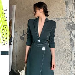 Vintage Women Suit Sexy Green Blazers High Waist Slit Skirt Set Fashion Office Ladies Blazer Suits 2 Piece Sets Female 210608