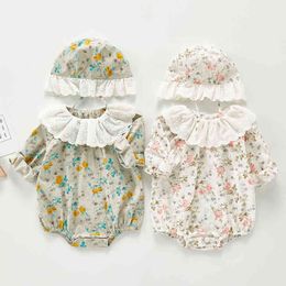 Baby Girl Bodysuits Long Sleeves Flower Print Rompers And Hat born Clothes 210429