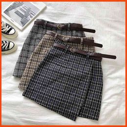 Summer sex A-line Mini Skirt Vintage Casual Women Plaid Skirt Chic Sashes Korean Irregular Lady Skirt Female Sweet High Waist 210408