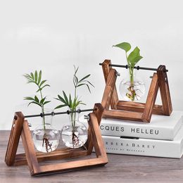 WITUSE Plant pot Flower pot pans Vintage Wood Stand Clear Mini Bulb Vase Glass Planter For Home Wedding Decor 210712