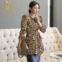 Women Leopard Print Jacket Faux V-neck temperament Loose Medium Coat Casual Outerwear Top Winter 210506