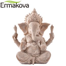 ERMAKOVA 13cm(3.5")Tall Indian Ganesha Statue Fengshui Sculpture Natural Sandstone Craft Figurine Home Desk Decoration Gift 210811