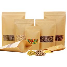 Empty Kraft Paper Bag Stand Up Gift Dried Food Fruit Tea Packaging Pouches Window Zipper Self Sealing Bags