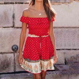 Bohemia Crop Top Elastic Hem Floral Print Slash Shoulder Tank Women Waist Mini Short Skirt Ruched Camis 2 Pieces Set 210429
