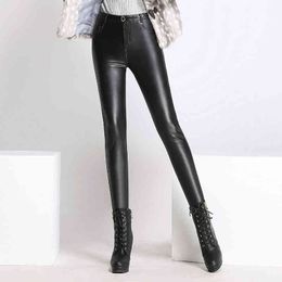 Leather Pants Women PU Abdomen Trousers Autumn Winter Korean Velvet Leggings Pencil Black Mid Tight 210428