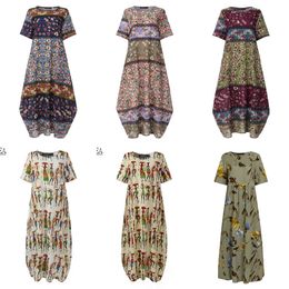 ZANZEA Fashion Summer Maxi Dress Women's Printed Sundress Casual Short Sleeve Vestidos Female High Waist Robe Femme Plus Size X0521