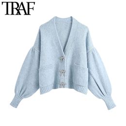 TRAF Women Fashion Rhinestone Buttons Loose Knitted Cardigan Sweater Vintage Long Sleeve Pockets Female Outerwear Chic Tops 210415