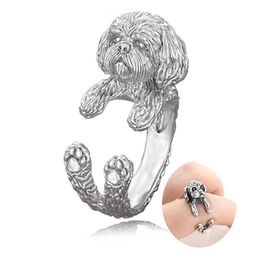 Cluster Rings Vintage Silver Colour Boho Cute Shih Tzu & Lhasa Apso Dog Puppies Shape Wrap Ring For Women Girl Kids Gift Pet Lover Jewellery