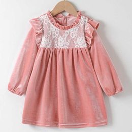 2021 New Spring Autumn Korean Style Lace Decoration Pink Dress Gold Velvet Dress Girl Clothes Casual Dress Q0716
