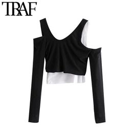 TRAF Women Fashion Hollow Out Patchwork Cropped Blouses Vintage Long Sleeve Asymmetrical Female Shirts Chic Tops 210415