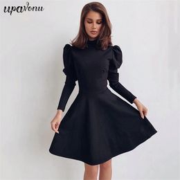 Free Spring Women's A-line Dress Elegant High Neck Bubble Long Sleeve Waist Club Party Vestidos 210524