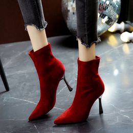 Women Shoes Boots Stretch Fabric Socks Boots Women Black Shoes Elegant Pointed Toe Knitting Elastic Ankle Boots for Women