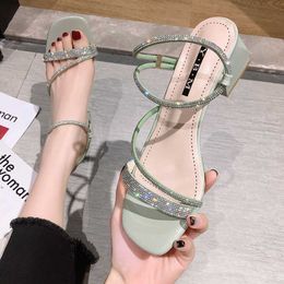 Women's shoes sandals 2020 new summer fashion rhinestone open toe chunky heel square head high heels Y0721