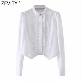 Zevity Women Sweet Agaric Lace Design White Smock Blouse Office Lady Stand Collar Chic Shirts Business Femininas Tops LS7692 210603