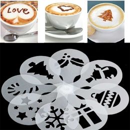 gingerbread mold UK - 8pcs Set Christmas Tree Snowflake Gingerbread Man Cupcake Stencil Tool Cookie Coffee Milk Cappuccino Template Mold 211211