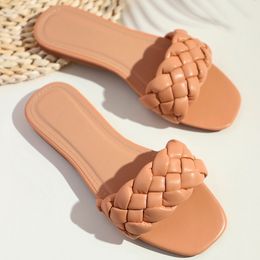 Women Flip Flops Summer Slippers Ladi Square Toe Sandals Slipper Casual Beach Weave Flat Sho Female Slip on Shoe Fashion