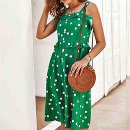 Summer Sexy Elegant polka dot Dress women vintage slim print reffles dress beach button pocket Casual party for Women 210508