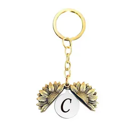 Retro gold English Letter Sunflower locket key ring ancient Initial keychain holders bag hang for women men fashion Jewellery will and sandy