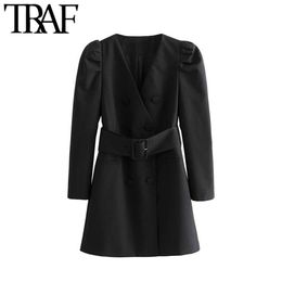 TRAF Women Vintage Stylish Office Lady Double Breasted With Belted Mini Dress Fashion V Neck Puff Sleeve Dresses Vestidos Mujer 210415