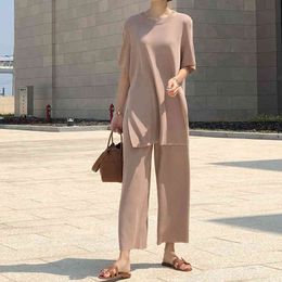 Loose Temperament Ice silk Knitted Two piece Casual set Women Long Pullovers Tops and wide-leg pants Suits High Quality 83B 210420
