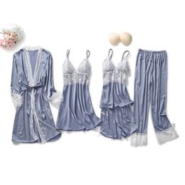 2020 Women Pyjamas Sets Satin Sleepwear 5 Pieces Pyjamas Sexy Lace Sleep Lounge SleevelPijama Silk Nightwear Chest Pads X0526