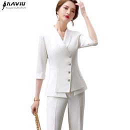 Fashion Women Suits Spring Business Formal Half Sleeve Blazer and Pants Office Ladies Elegant Work Wear 210604