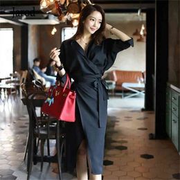 Autumn Work Wear pencil Dress fashion V-Neck Bowknot Midi Length Long Sleeve Office OL Dresses Vestidos Robe 210519