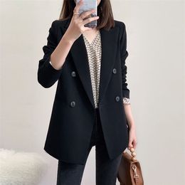 PEONFLY Fashion Women Black Blazer Long Sleeve Pocket Double Breasted Office Ladies Business Coat Female Retro Tops Autumn 211019