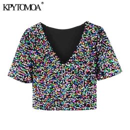 Women Sexy Fashion Colour Shiny Sequin Cropped Blouses Short Sleeve Side Zipper Female Shirts Chic Tops 210420