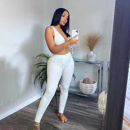 Sexy Sport Fitness Knit Ribbed Women Tracksuit Crop Tank Top + Long Pants Has Stretch Streetwear Outfits Y0625