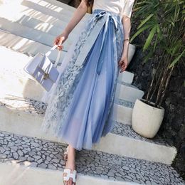 Skirts 2021 Spring Summer Women Fashion Elastic High Waist Bow Splice Lace Mesh Hit Colour Half-body Tulle Skirt Korean Plus Size