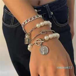 4Pcs/Lot Punk Imitation Pearls Lock Bracelet for Women Hip Hop Wedding Party Pendant Chunky Heavy Coin Bangles Jewellery