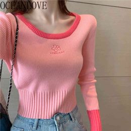 Short Pullovers Print Pink Fashion Autumn Winter Sweaters Women Flower Sweet Slim Mujer Sueteres Korean 18117 210415