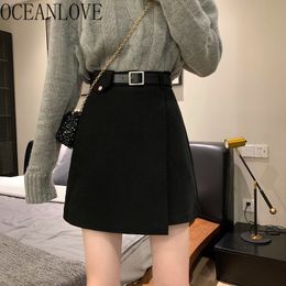 Woman Solid Woollen A-line Autumn Winter Belt Mujer Faldas Vintage Korean Style All Match Ins Mini Skirts 19443 210415