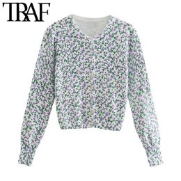 TRAF Women Fashion Floral Jacquard Cropped Knitted Cardigan Sweater Vintage Long Sleeve Female Outerwear Chic Tops 210415