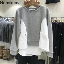 Nomikuma Contrast Colour Patchwork Sweatshirt Women Drawstring Lace Up Casual Loose Long Sleeve Hoodies Korean Style Tops 3d731 210514