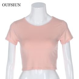 Crop Top T-Shirt Female Solid O-Neck Short Sleeve T-shirts For Women High Waist Slim Sport Blanc Femme 210517