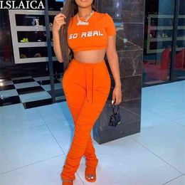 2 Piece Set Women Summer Short Sleeve Crop Tops Stacked Pants Solid Casual Sportswear Sweatsuits For Gym 210515