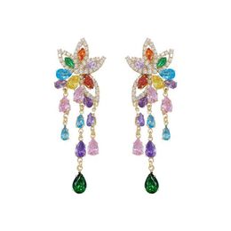 Mixcolor Crystal Flower Tassel Pendant for Women Sweet Statement Leaves Dangle Earrings Luxury Brand Jewelries