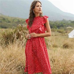 New Summer Dot Print Dress Women Casual Butterfly Sleeve Ruffles Medium Long Chiffon Dress 210331