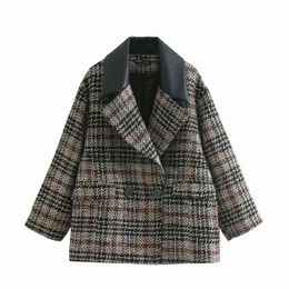 Vintage Women Faux Leather Notched Collar Blazers Fashion Ladies Woolen Plaid Jacket Streetwear Female Chic Loose Coat 210430