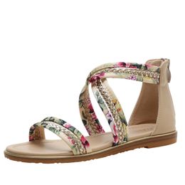 Summer cross strap braided women's sandals Zippered open-toe sandal with wrap heel Flat shoes with a floral design 36-42