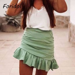 Foridol High Waist Ruched Ruffle Bodycon Skirts Womens Summer Beach Holiday Chic A-line Green Skirts Purple Skirt Bottoms 210415