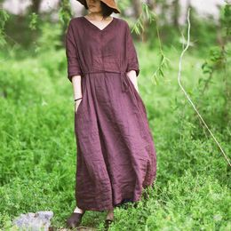 Johnature V-neck Spring Cotton Linen Vintage Dress Women Loose Sashes Solid Color Long Sleeve Retro Ramie Dresses 210521