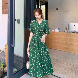 Summer Korean Fashion Chiffon Dresses Women Short Sleeve Office Lady Bodycon Plus Size Green Sheath Vintage 210531