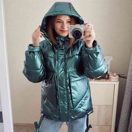 Winter women short parkas jackets casual female thicken warm hooded coat windprood shiny big pocket 210913