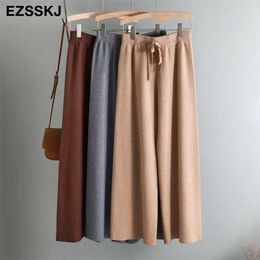 autumn winter THICK casual straight pants women female drawstring loose knitted wide leg Trousers 211118