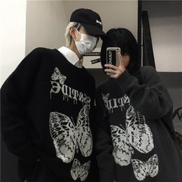 Korean Clothes Round Neck Pullover Harajuku Sweater Men High Street Butterfly Letter Jacquard Retro Loose Couple Clothing 211018