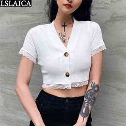 White women T-shirt Deep V-neck button short sleeve lace patchwork t shirt casual elegant slim knitted office shirts 210515